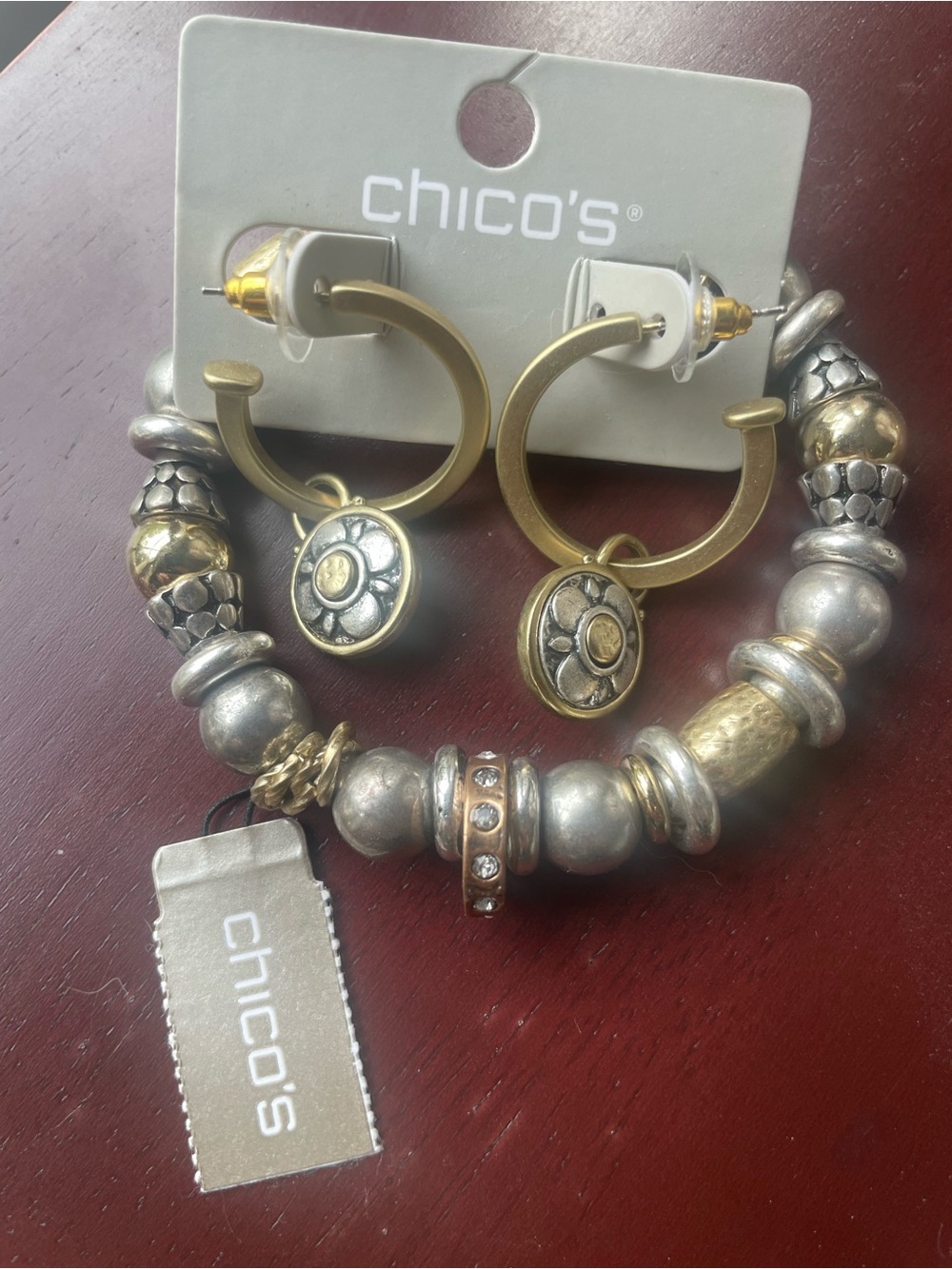 Chico's NWT Two-Tone Gold and Silver Beaded Charm Bracelet & earrings